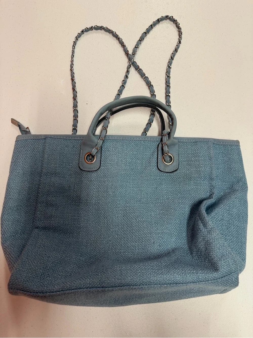 Blue “THE TOTEBAG” Large Woven Tote Shoulder Bag Chain Straps Top Handle B332